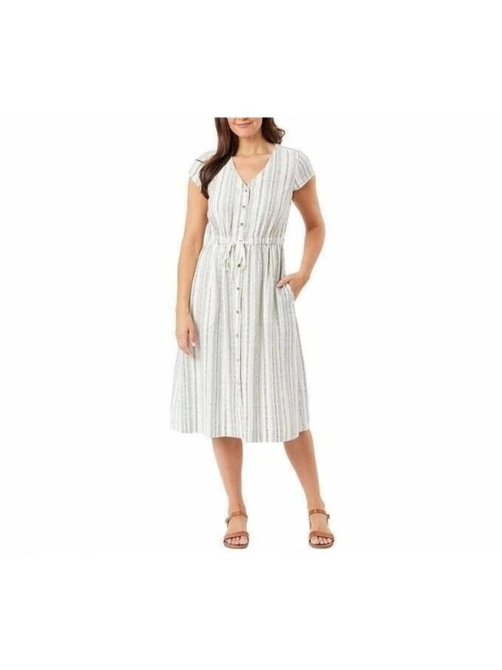 Briggs Striped Linen Women's L Blend Button-Front Midi Dress B1047